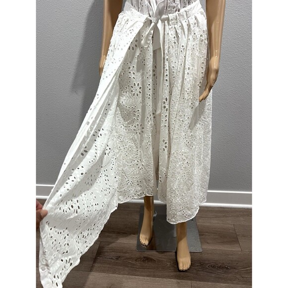ZARA White Embroidered Eyelet Midi Shirt Dress Pockets Overlay Skirt Sz Medium - Picture 7 of 15